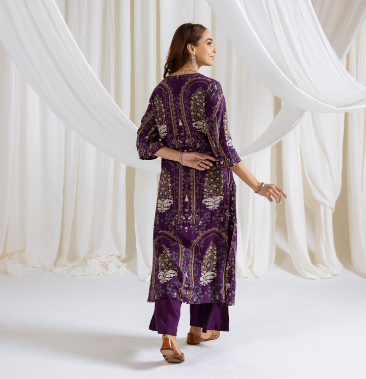 Nehamta Women's Purple German Rayon Kurta & Palazzo Set
