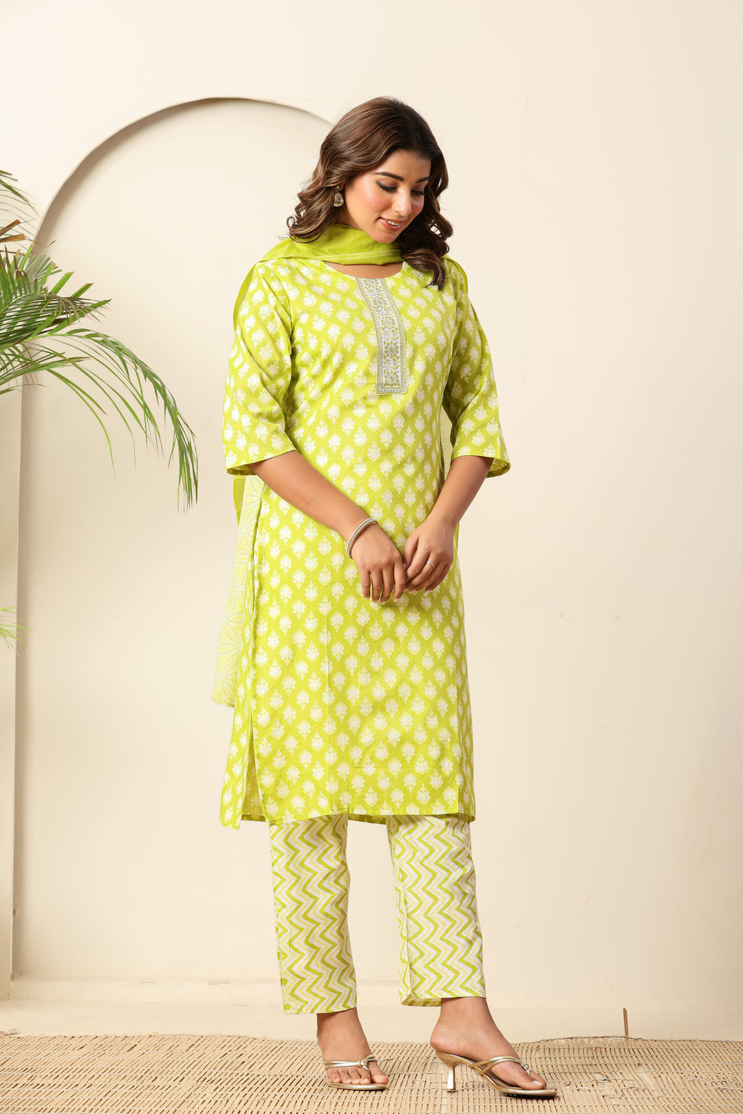 Nehamta Women's Lime Green Cotton rayon Kurta, Pant & Dupatta Set