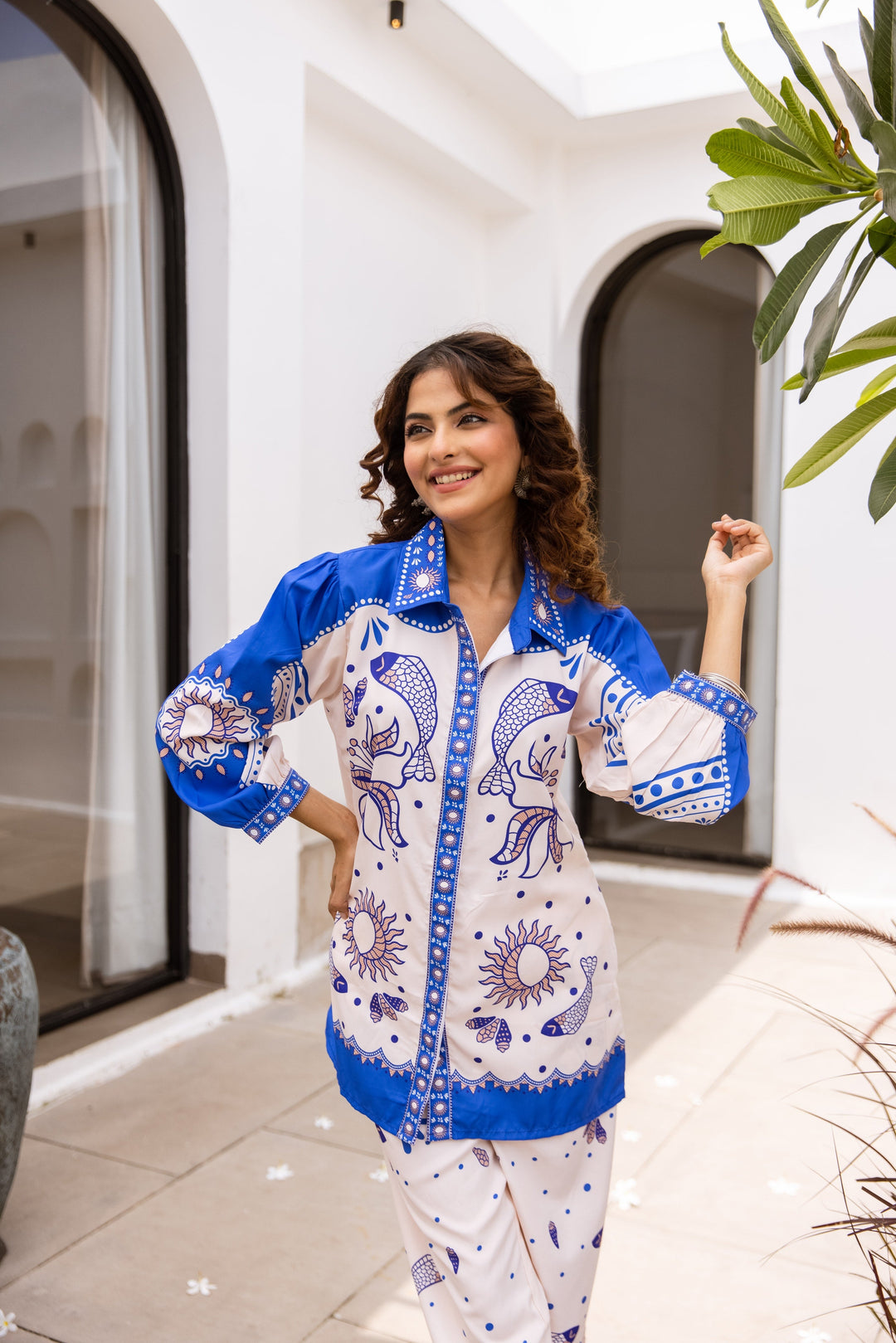 Nehamta Women's White:Blue Polyester Short Kurta With Pant Co-Ords Set