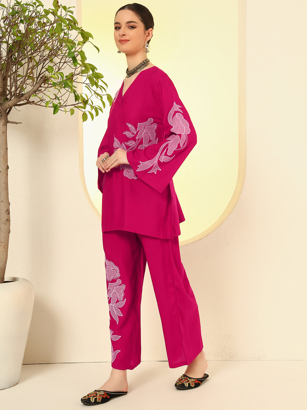 Nehamta Women's Rani Pink Rayon Co-Ord Set