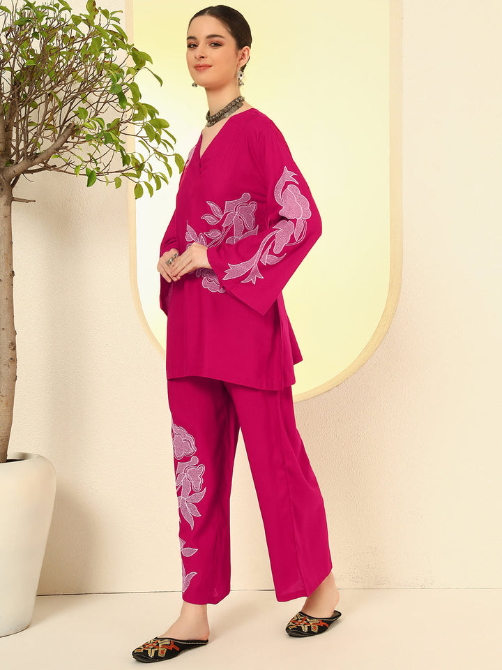 Nehamta Women's Rani Pink Rayon Co-Ord Set