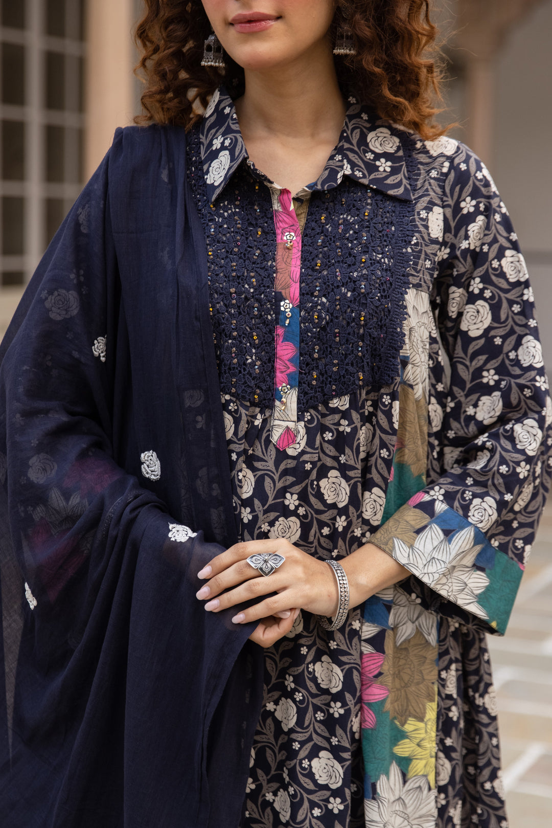 Nehamta Women's Navy Blue Cotton Kurta with Pant & Dupatta