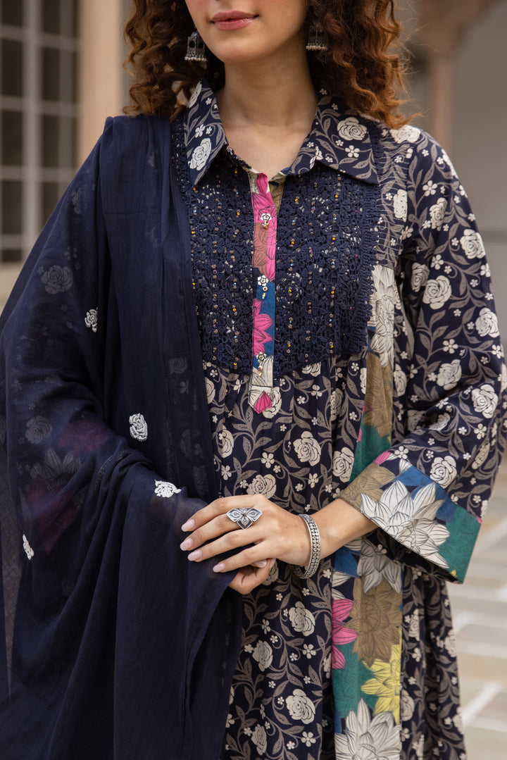 Nehamta Women's Navy Blue Cotton Kurta with Pant & Dupatta