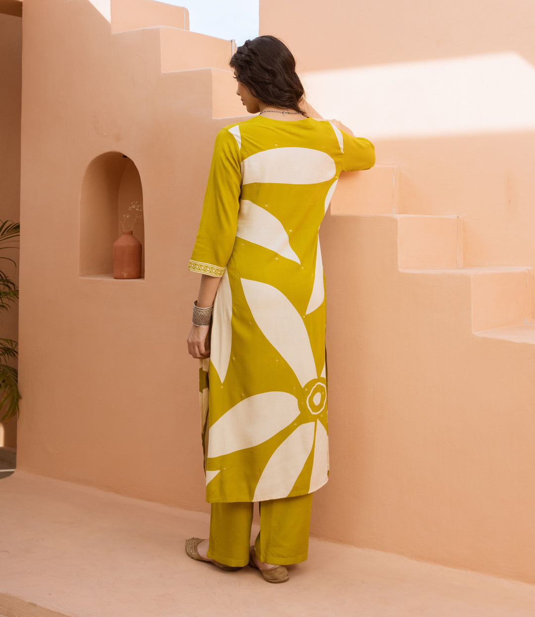 Nehamta Women's Yellow Green German Rayon Kurta & Palazzo Set