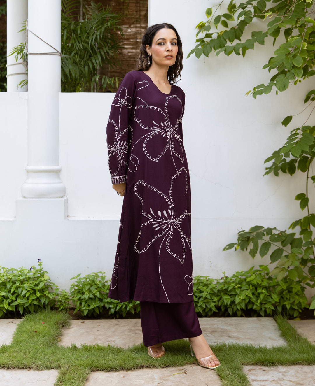 Nehamta Women's Wine German Rayon Kurta & Palazzo Set