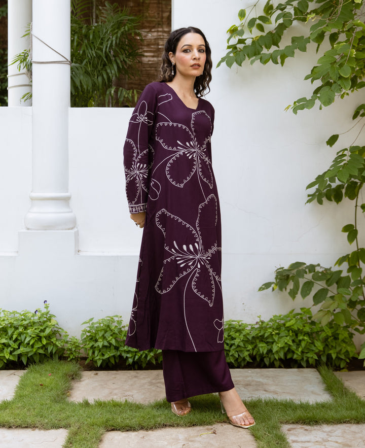 Nehamta Women's Wine German Rayon Kurta & Palazzo Set