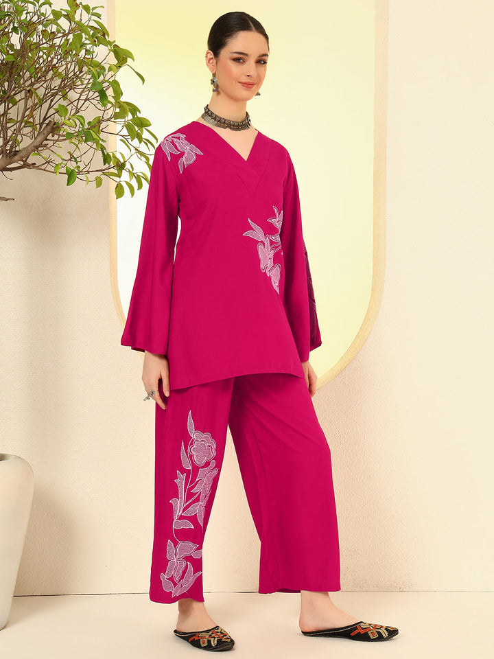 Nehamta Women's Rani Pink Rayon Co-Ord Set