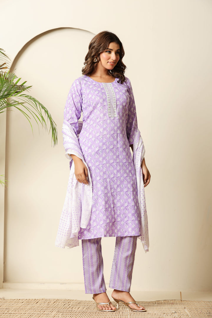 Nehamta Women's Lavender Cotton rayon Kurta, Pant & Dupatta Set