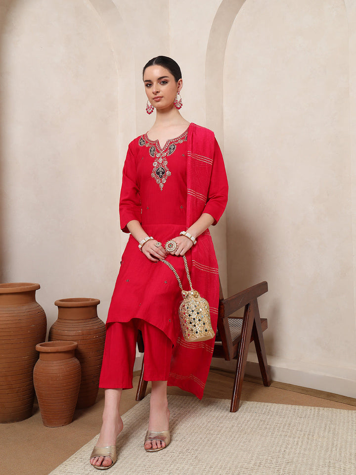 Nehamta Women's Rani Pink Cotton rayon Kurta, Pant & Dupatta Set