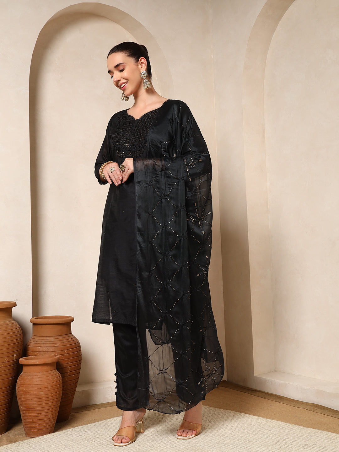 Nehamta Women's Black Muslin Kurta, Pant & Dupatta Set