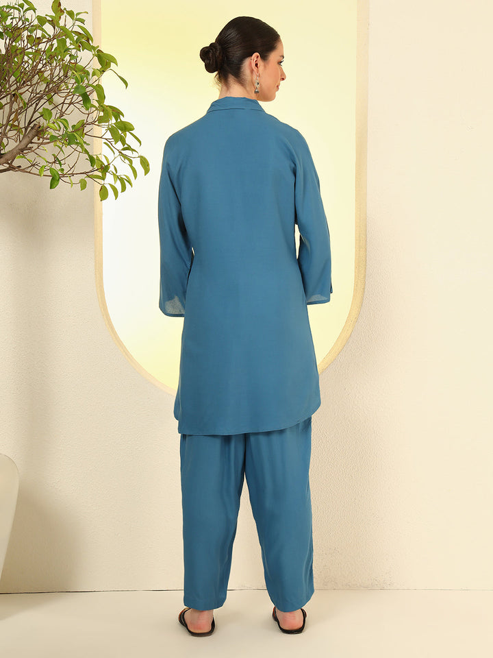 Nehamta Women's Teal Blue Rayon Co-Ord Set
