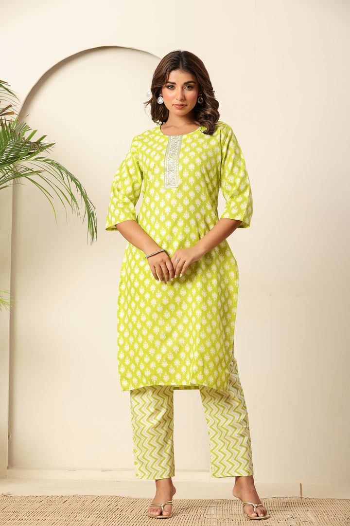Nehamta Women's Lime Green Cotton rayon Kurta, Pant & Dupatta Set