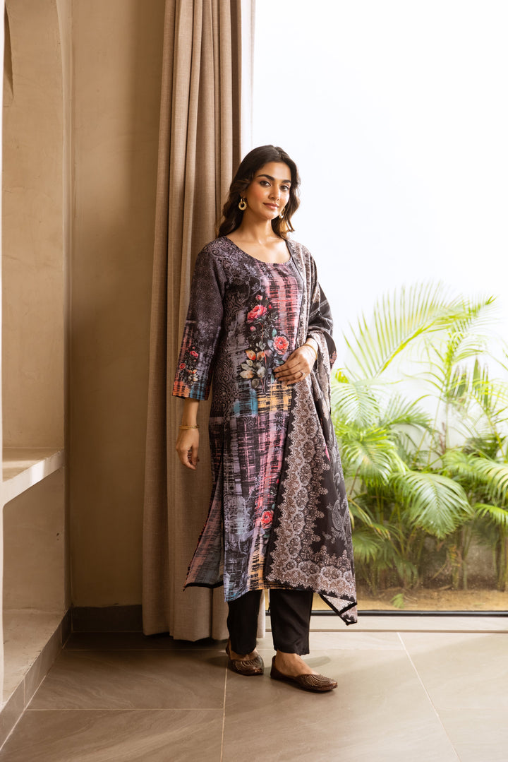 Nehamta Women's Black Viscose Muslin Kurta, Pant & Dupatta Set