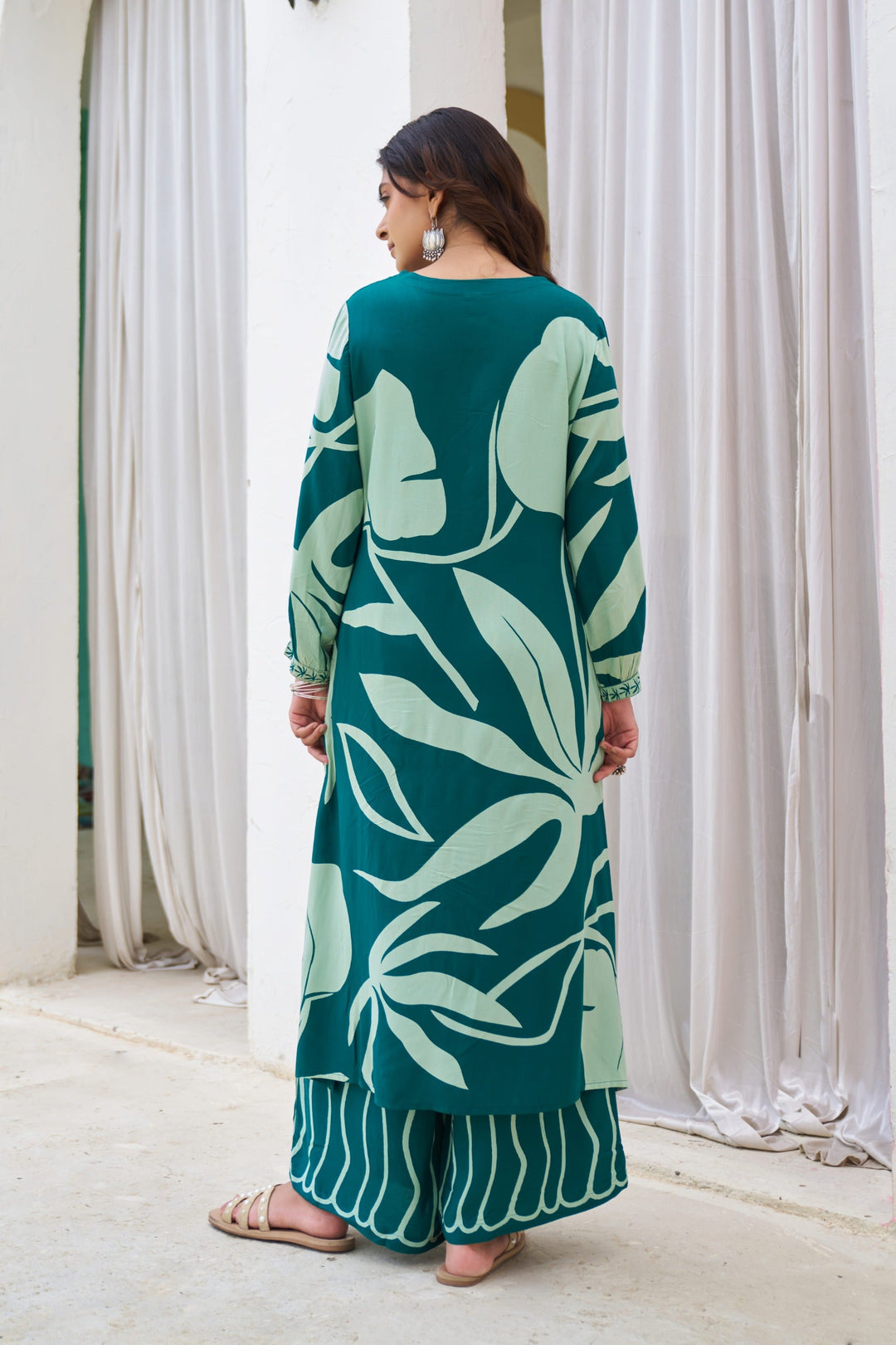 Nehamta Women's Teal Blue German Rayon Kurta & Palazzo Set