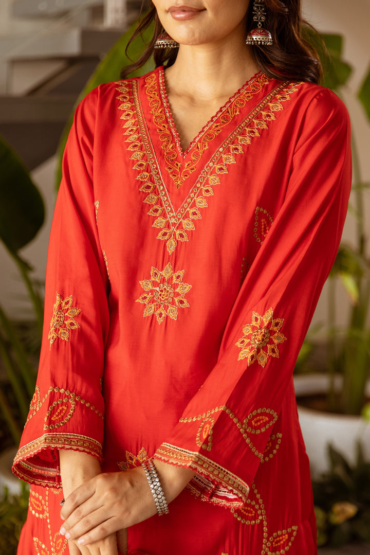 Nehamta Women's Red Modal Muslin Kurta With Palazzo Set