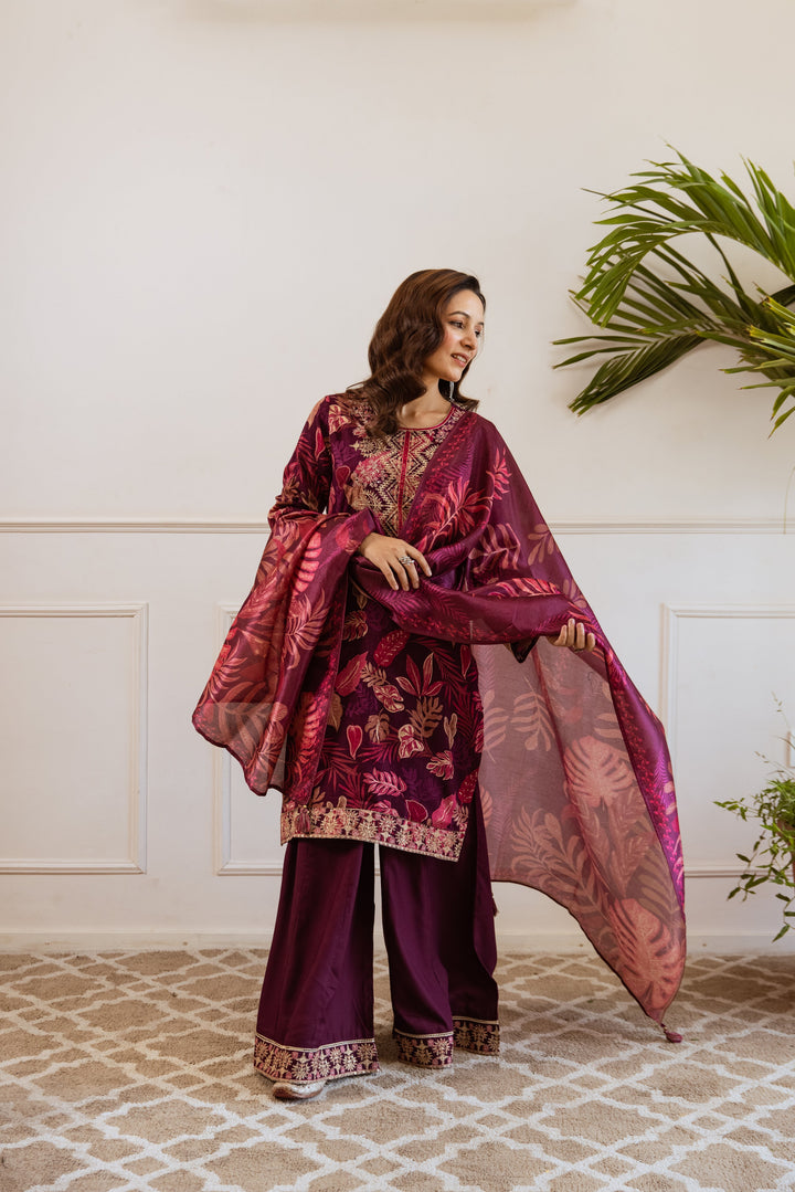 Nehamta Women's Wine German Rayon Kurta, Divider Palazzo & Dupatta Set