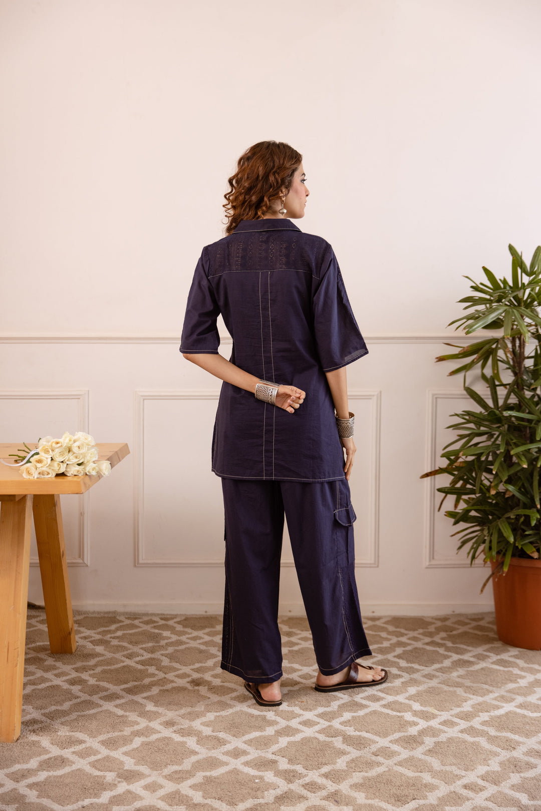 Nehamta Women's Navy Blue Pure Cotton Tunic with Pant Co-Ords Set