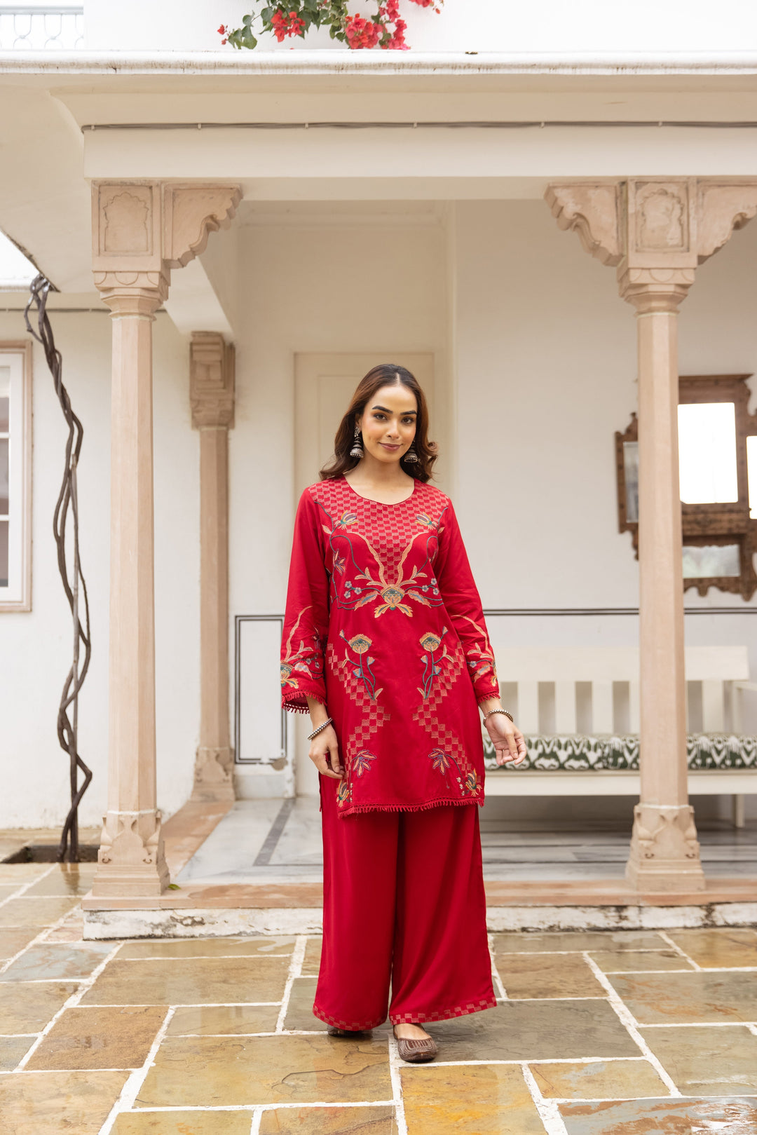 Nehamta Women's Red Rayon Kurta & Palazzo Set