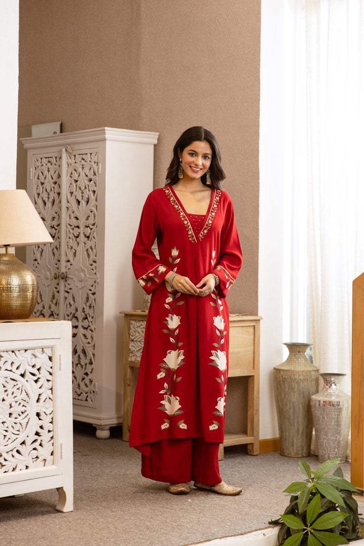 Nehamta Women's Red Rayon Kurta & Palazzo Set