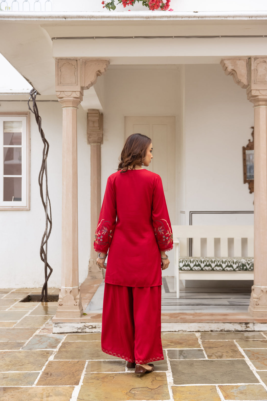 Nehamta Women's Red Rayon Kurta & Palazzo Set