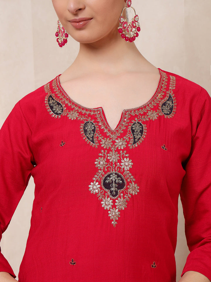 Nehamta Women's Rani Pink Cotton rayon Kurta, Pant & Dupatta Set
