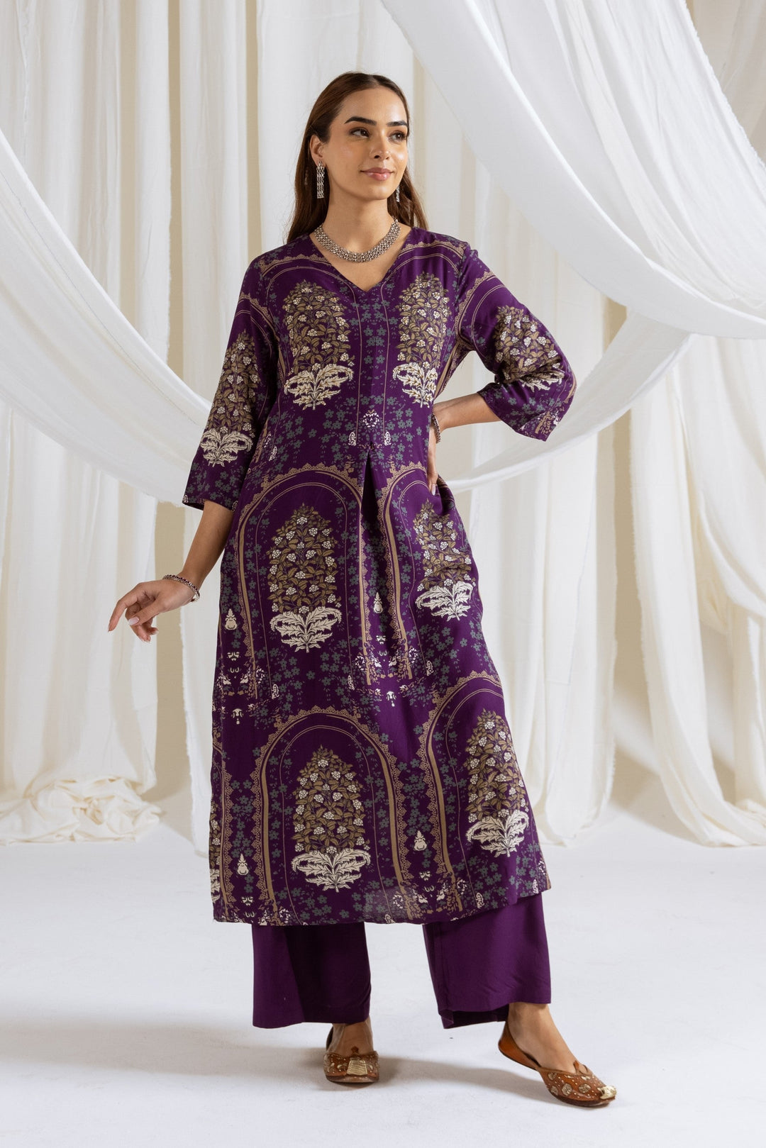 Nehamta Women's Purple German Rayon Kurta & Palazzo Set