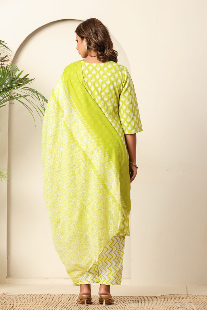 Nehamta Women's Lime Green Cotton rayon Kurta, Pant & Dupatta Set