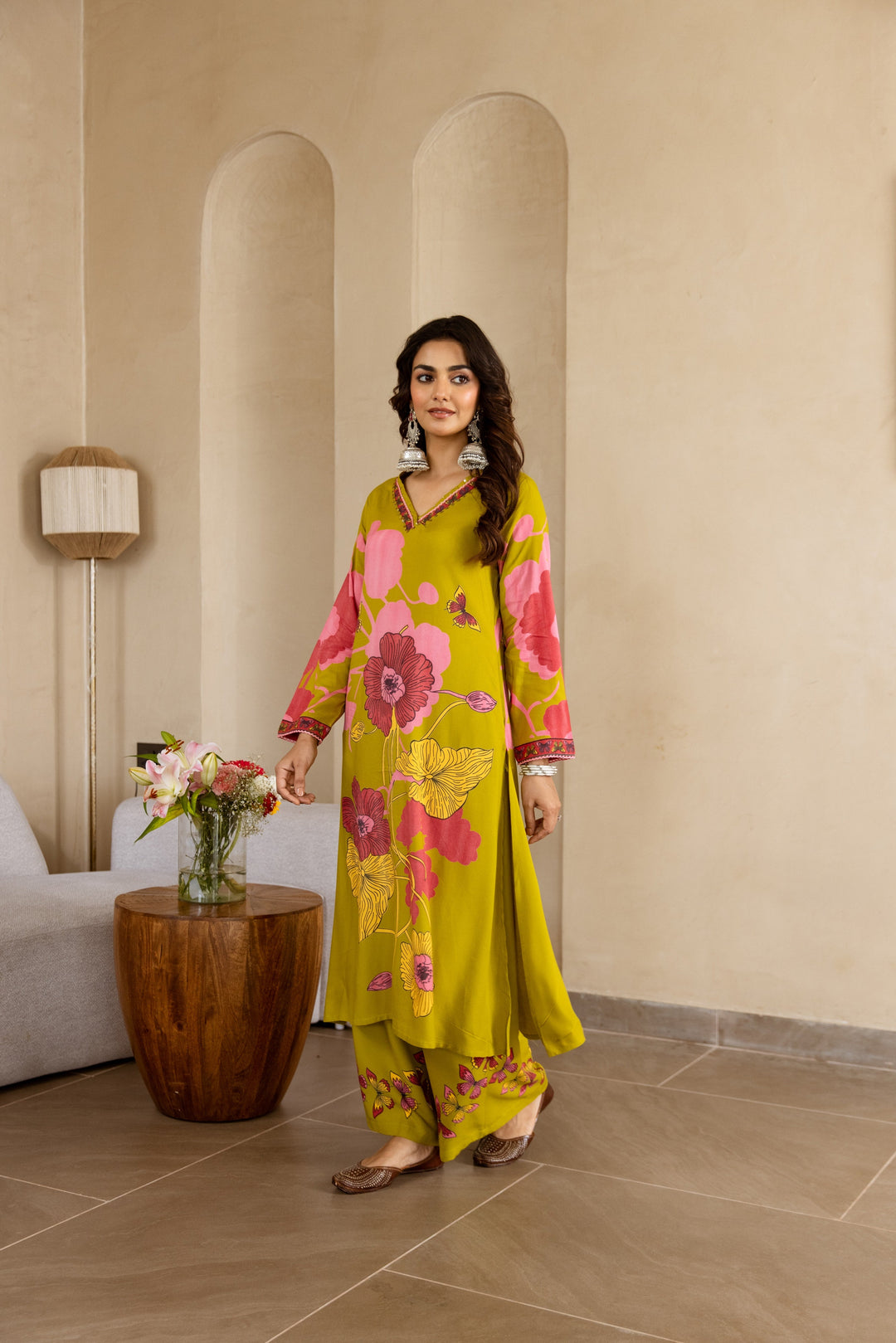 Nehamta Women's Lime Green German Rayon Kurta & Palazzo Set