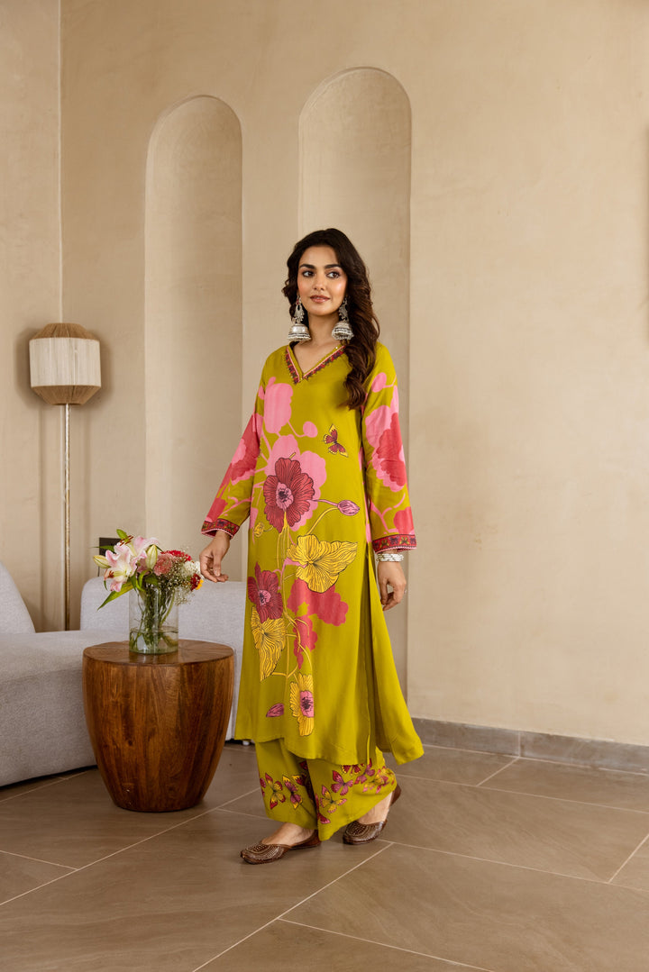 Nehamta Women's Lime Green German Rayon Kurta & Palazzo Set