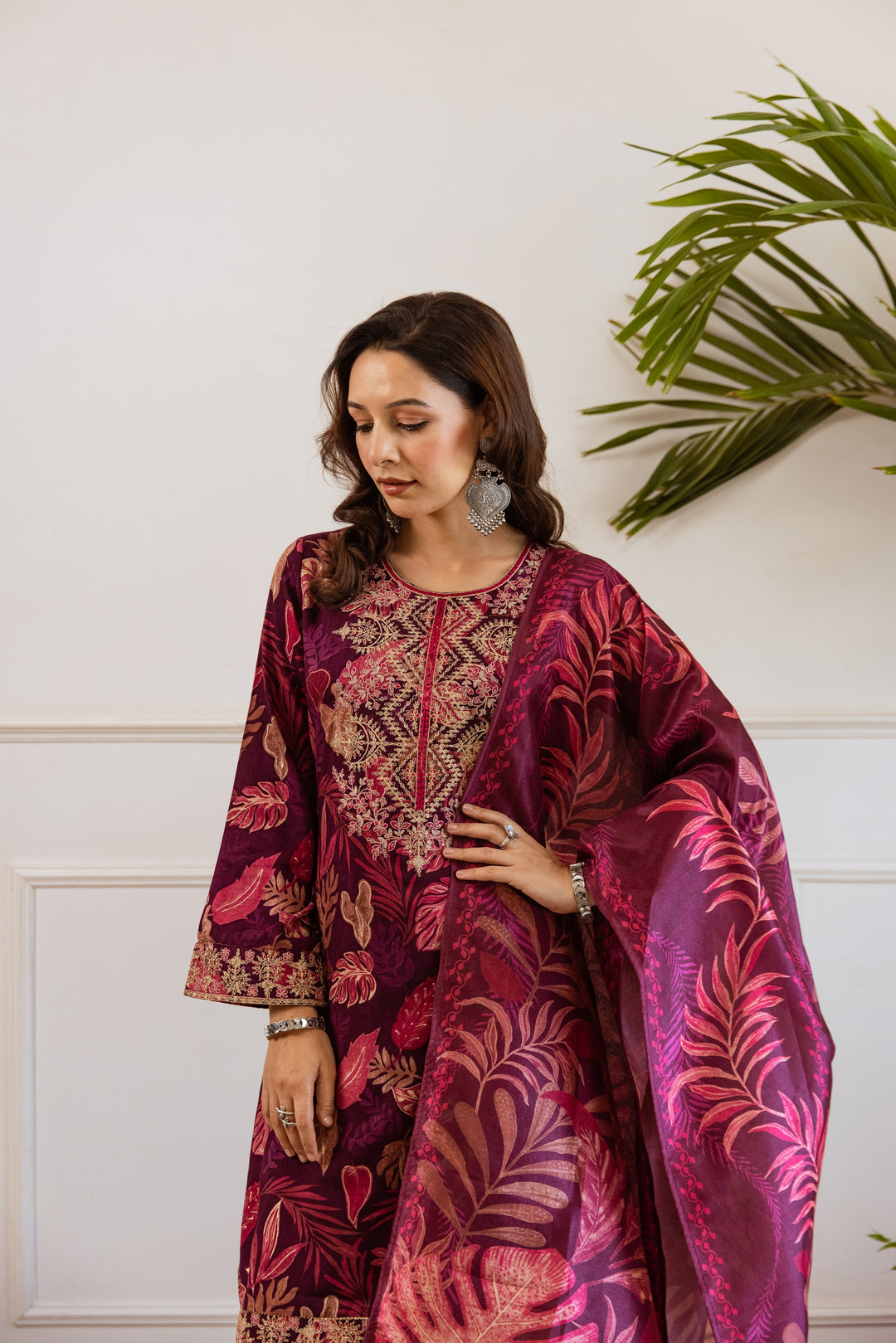 Nehamta Women's Wine German Rayon Kurta, Divider Palazzo & Dupatta Set