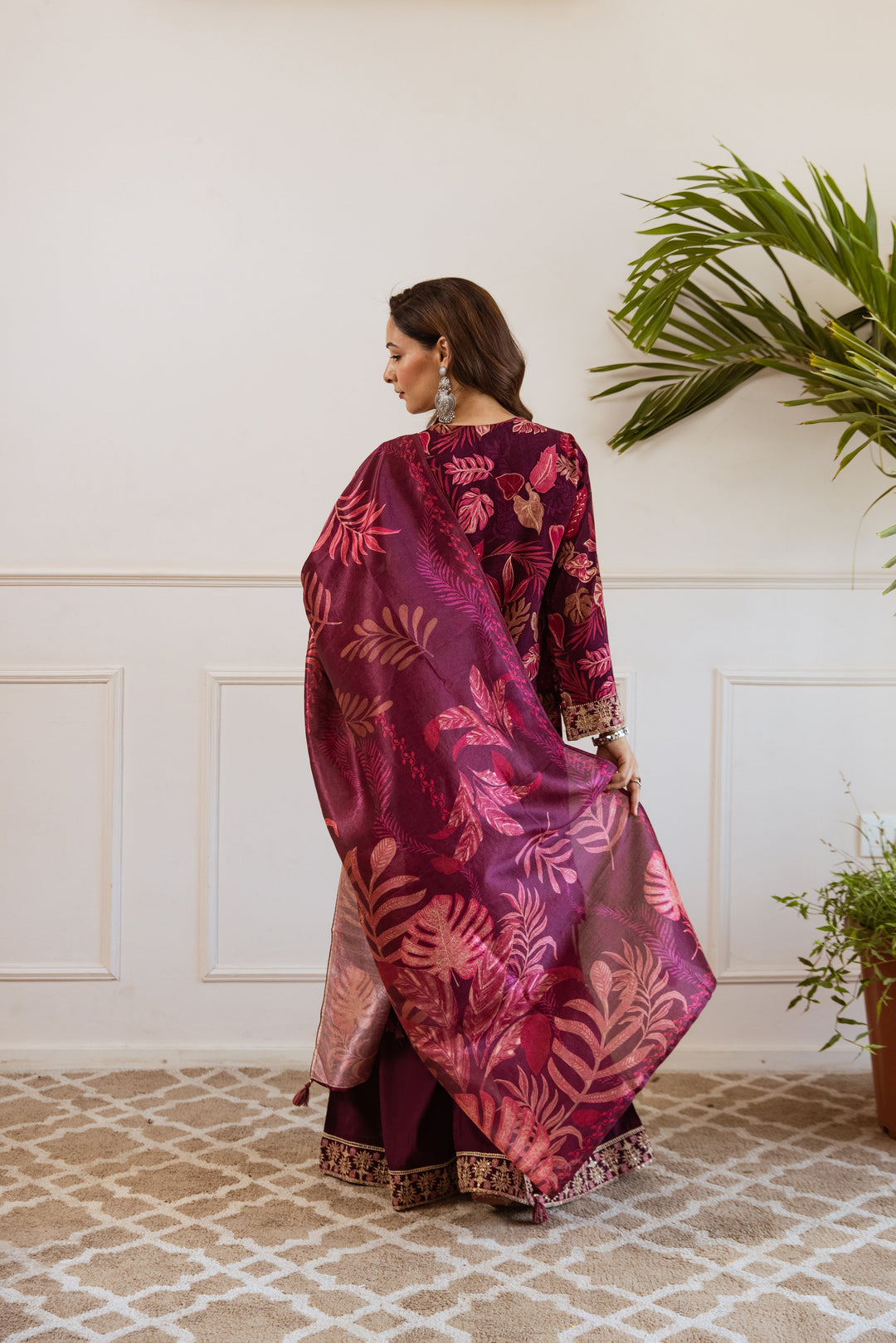 Nehamta Women's Wine German Rayon Kurta, Divider Palazzo & Dupatta Set