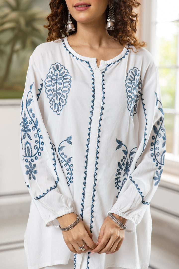 Nehamta Women's White Rayon Tunic with Palazzo Set