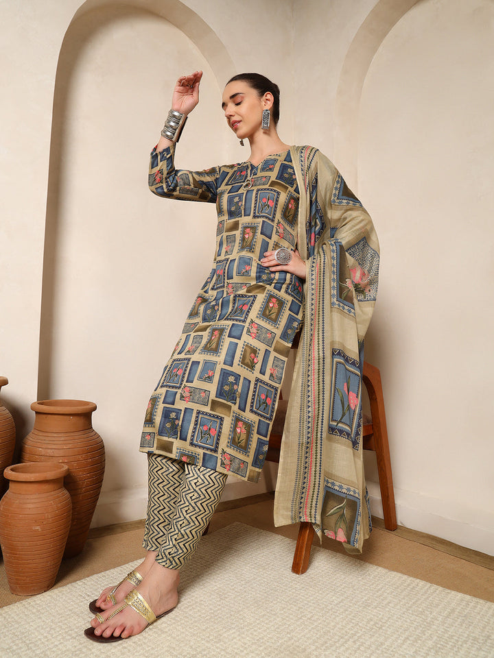 Nehamta Women's Blue Cotton rayon Kurta, Pant & Dupatta Set