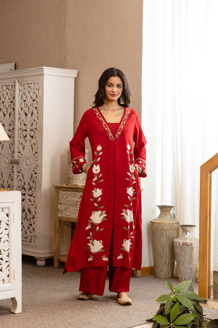 Nehamta Women's Red Rayon Kurta & Palazzo Set
