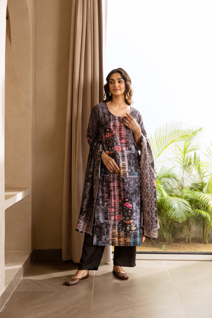 Nehamta Women's Black Viscose Muslin Kurta, Pant & Dupatta Set