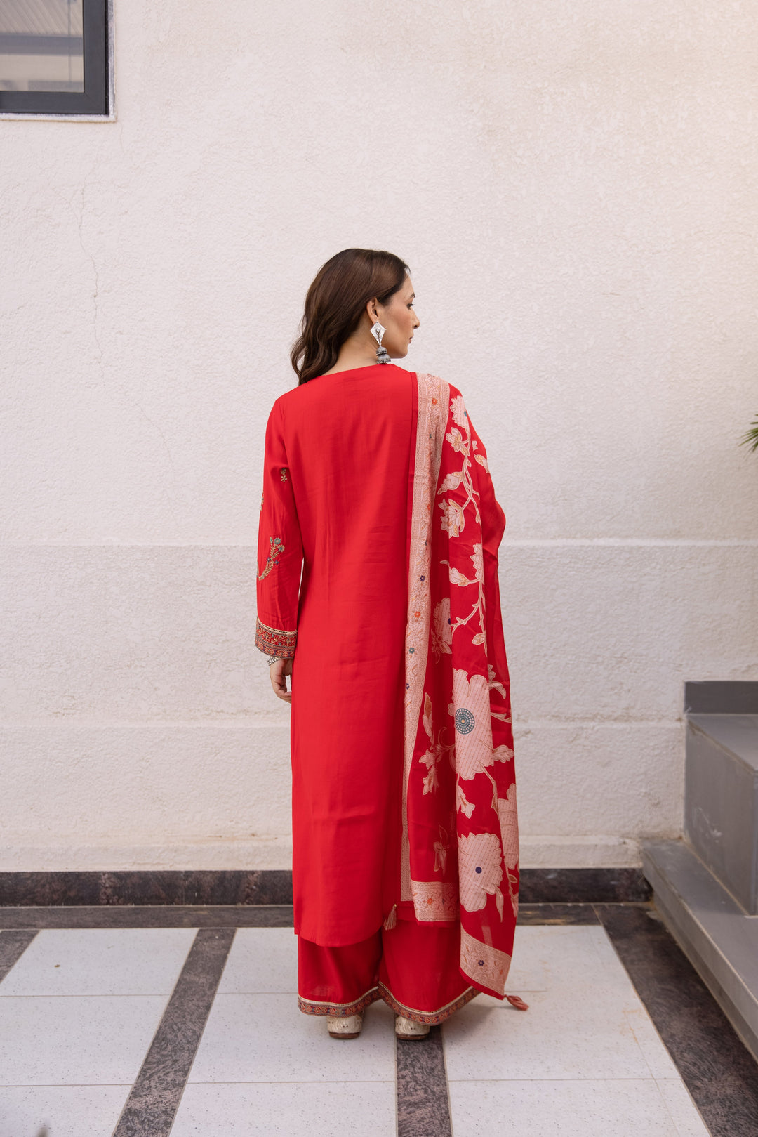 Nehamta Women's Red Modal Muslin Kurta, Palazzo & Dupatta Set