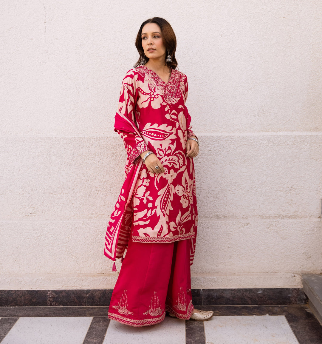 Nehamta Women's Rani Pink Modal Muslin Kurta, Palazzo & Dupatta Set