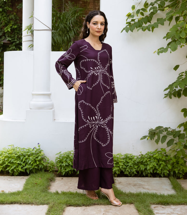 Nehamta Women's Wine German Rayon Kurta & Palazzo Set