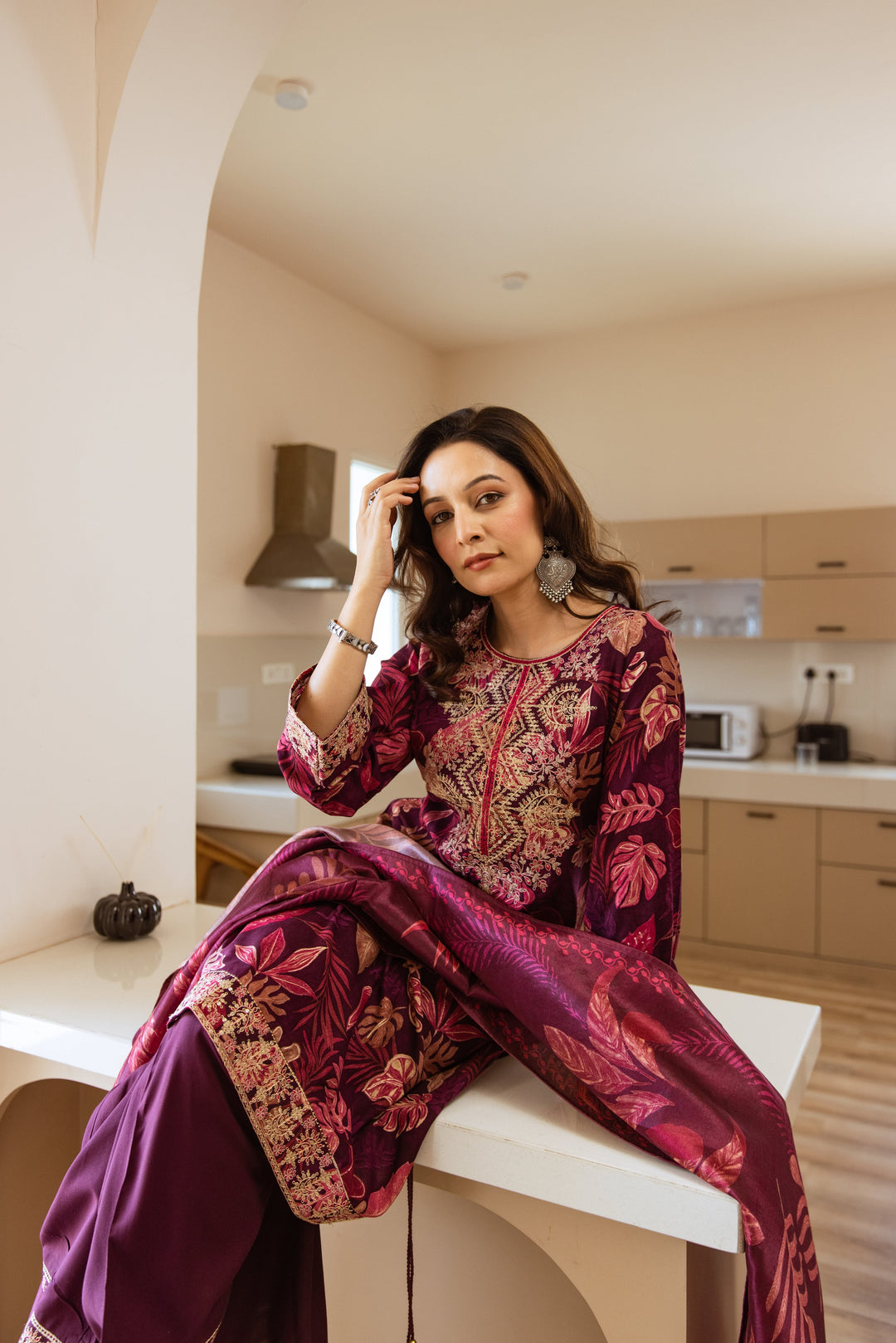 Nehamta Women's Wine German Rayon Kurta, Divider Palazzo & Dupatta Set