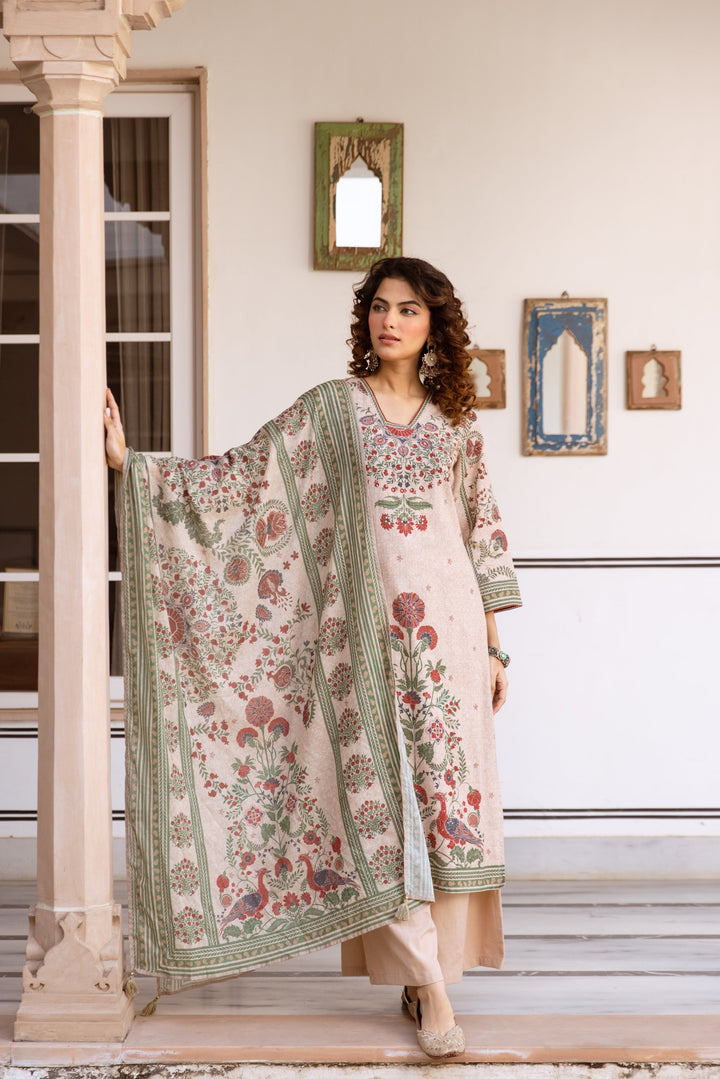 Nehamta Women's Beige Cotton Blend Kurta with Palazzo & Dupatta