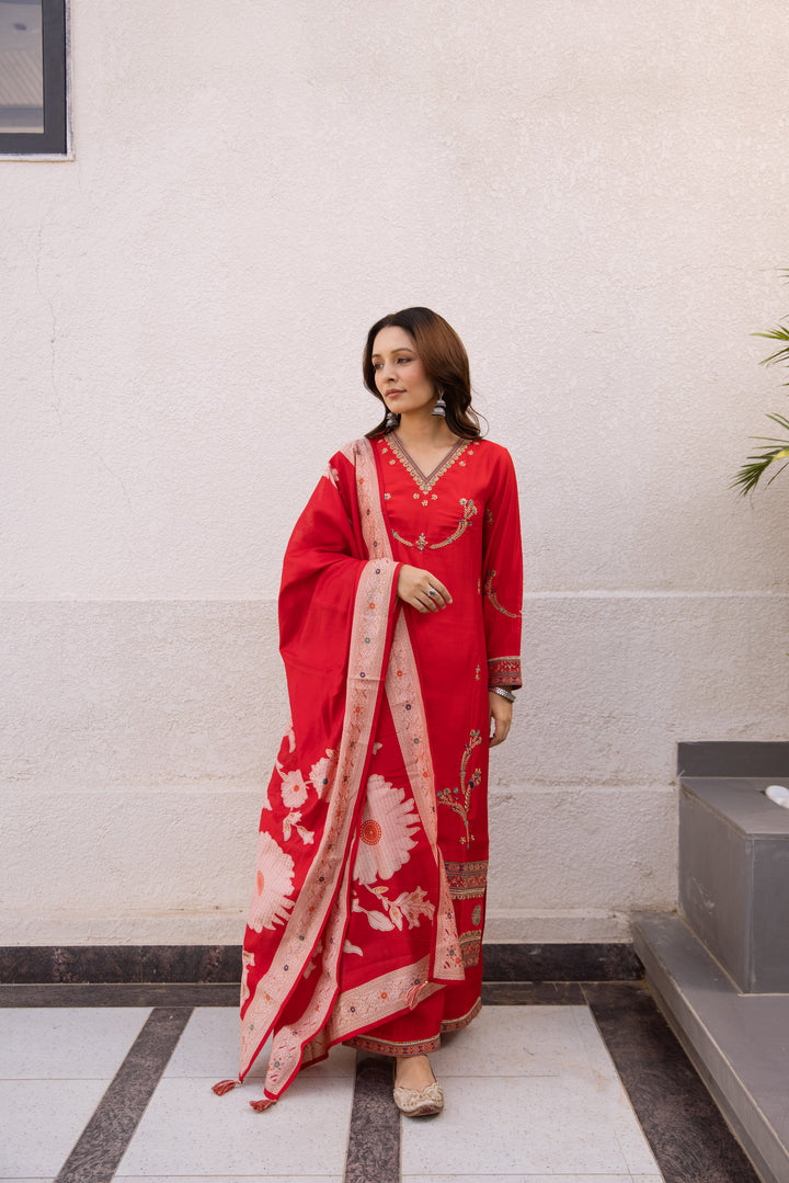 Nehamta Women's Red Modal Muslin Kurta, Palazzo & Dupatta Set
