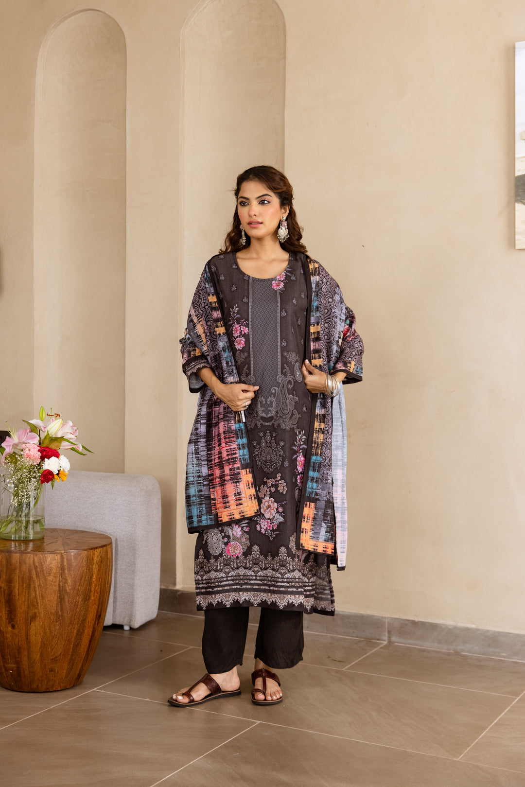 Nehamta Women's Black Viscose Muslin Kurta, Pant & Dupatta Set