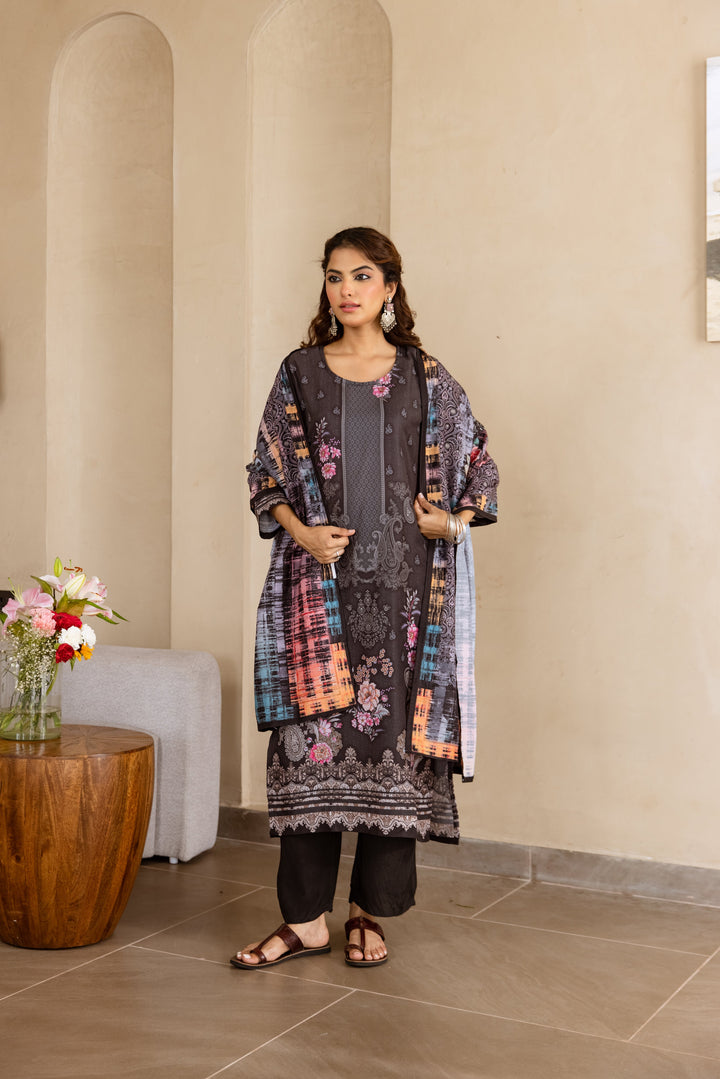 Nehamta Women's Black Viscose Muslin Kurta, Pant & Dupatta Set