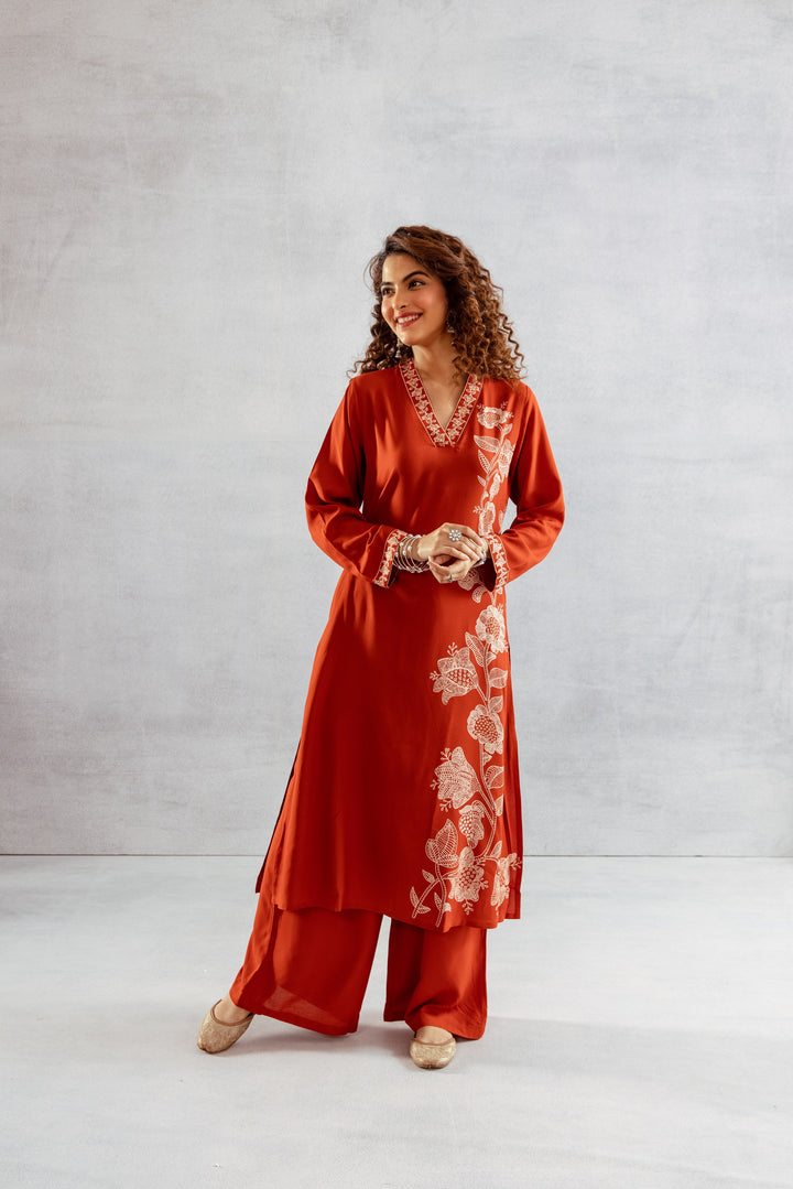 Nehamta Women's Rust Rayon Kurta & Palazzo Set