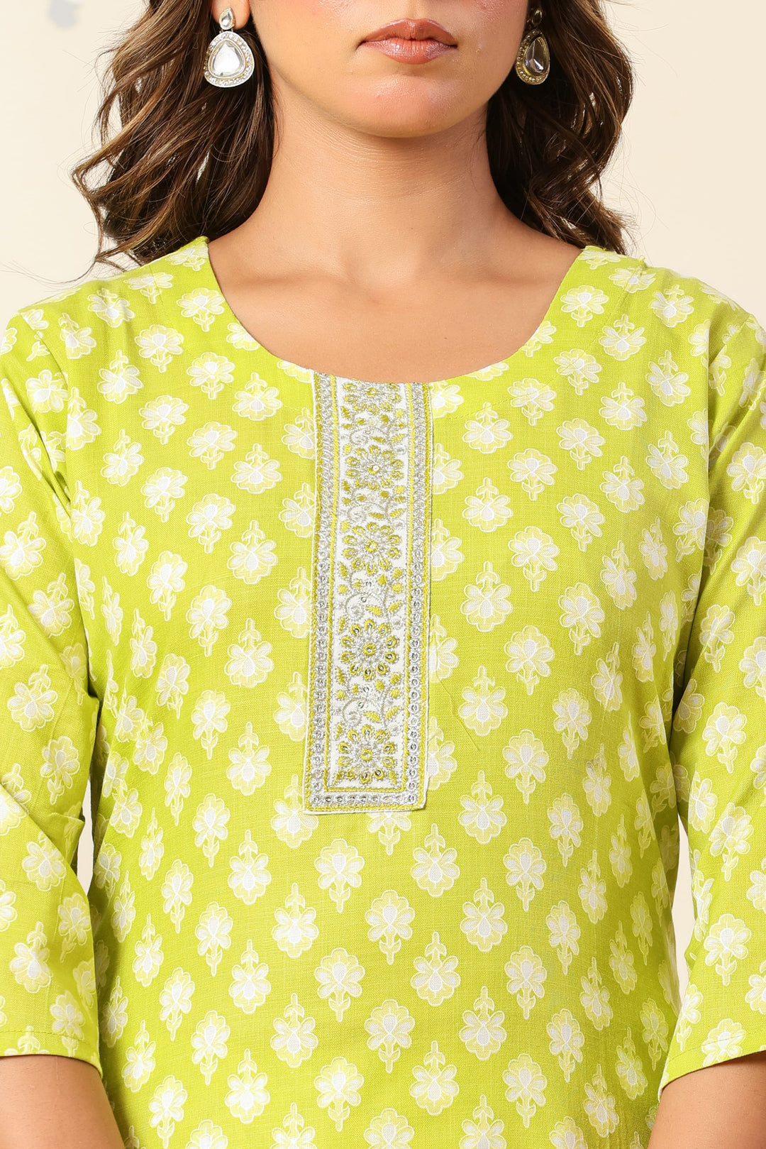Nehamta Women's Lime Green Cotton rayon Kurta, Pant & Dupatta Set