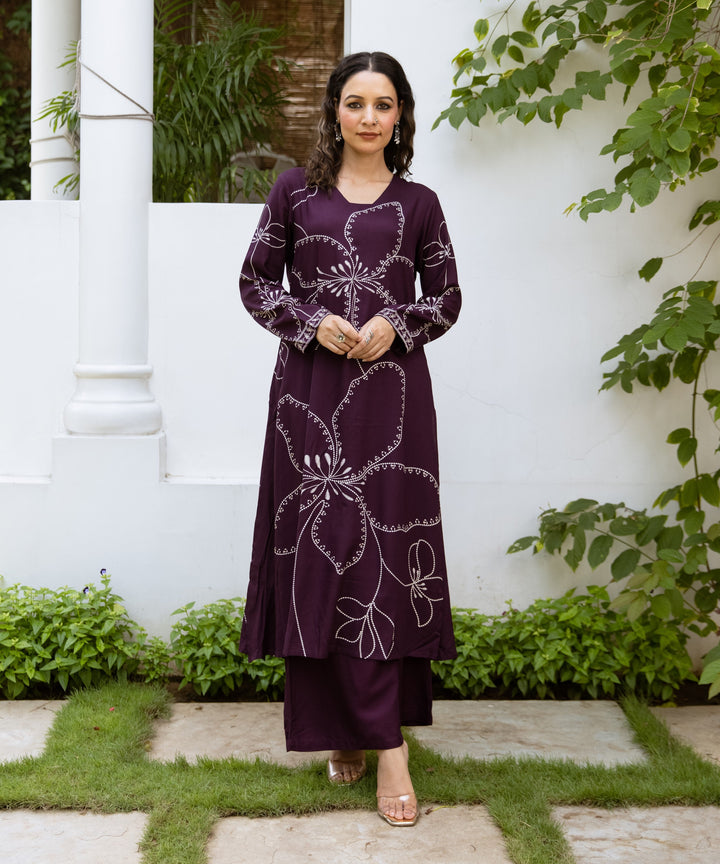 Nehamta Women's Wine German Rayon Kurta & Palazzo Set