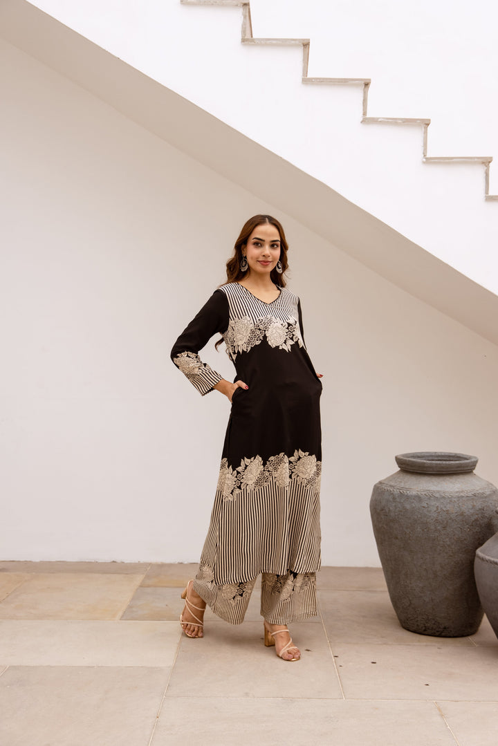 Nehamta Women's Black German Rayon Kurta & Palazzo Set
