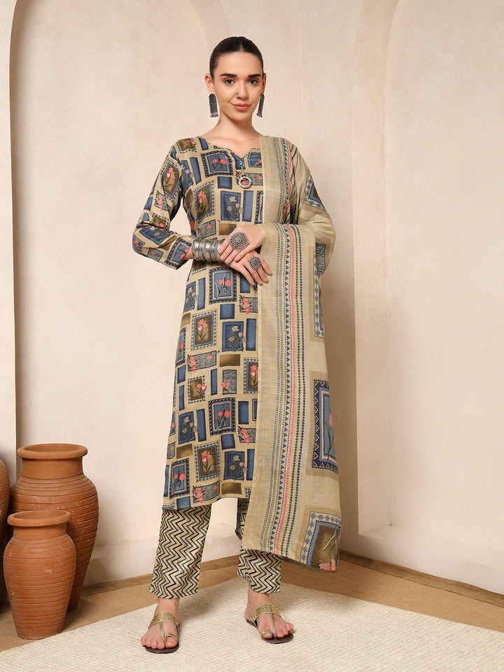 Nehamta Women's Blue Cotton rayon Kurta, Pant & Dupatta Set