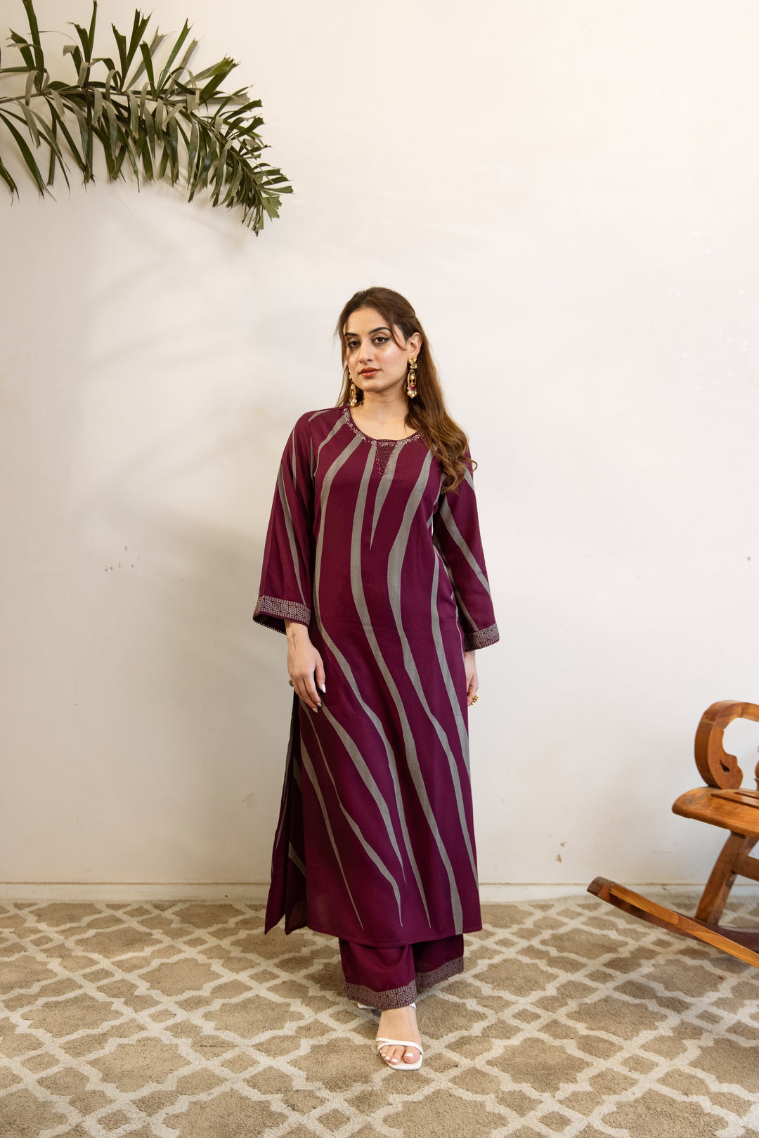 Nehamta Women's Wine-Grey German Rayon Kurta & Pant Set