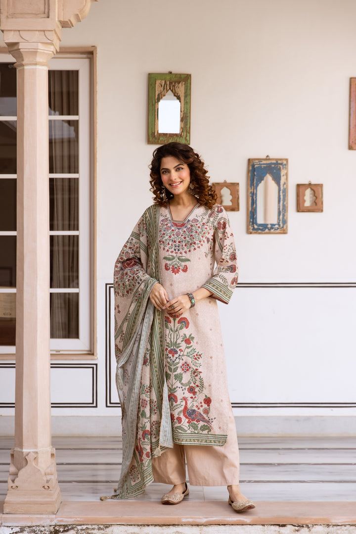 Nehamta Women's Beige Cotton Blend Kurta with Palazzo & Dupatta